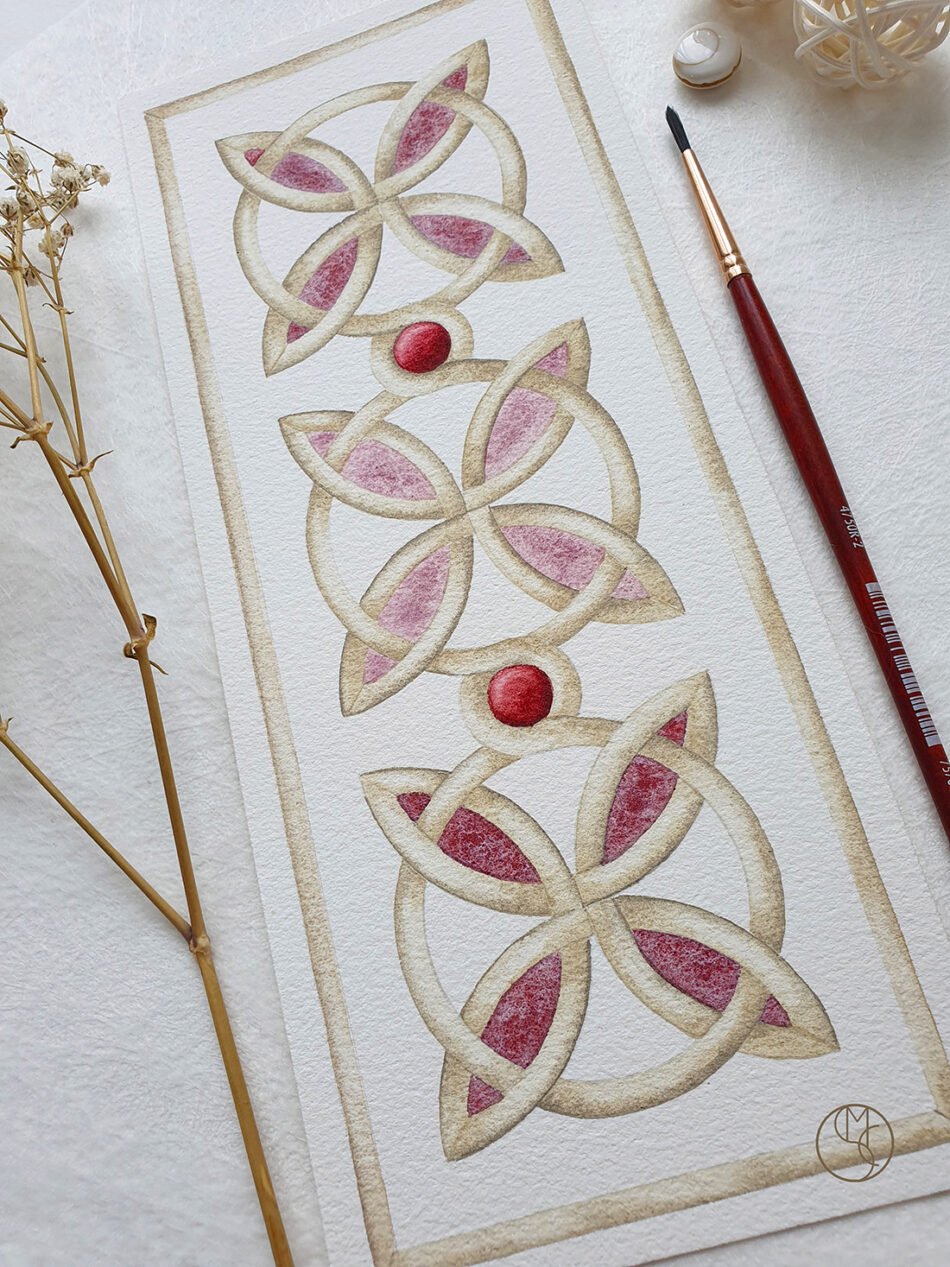 Œuvre d'art aquarelle originale motifs d'arabesques imitant la pierre sculptée et formes de pétales de fleurs roses