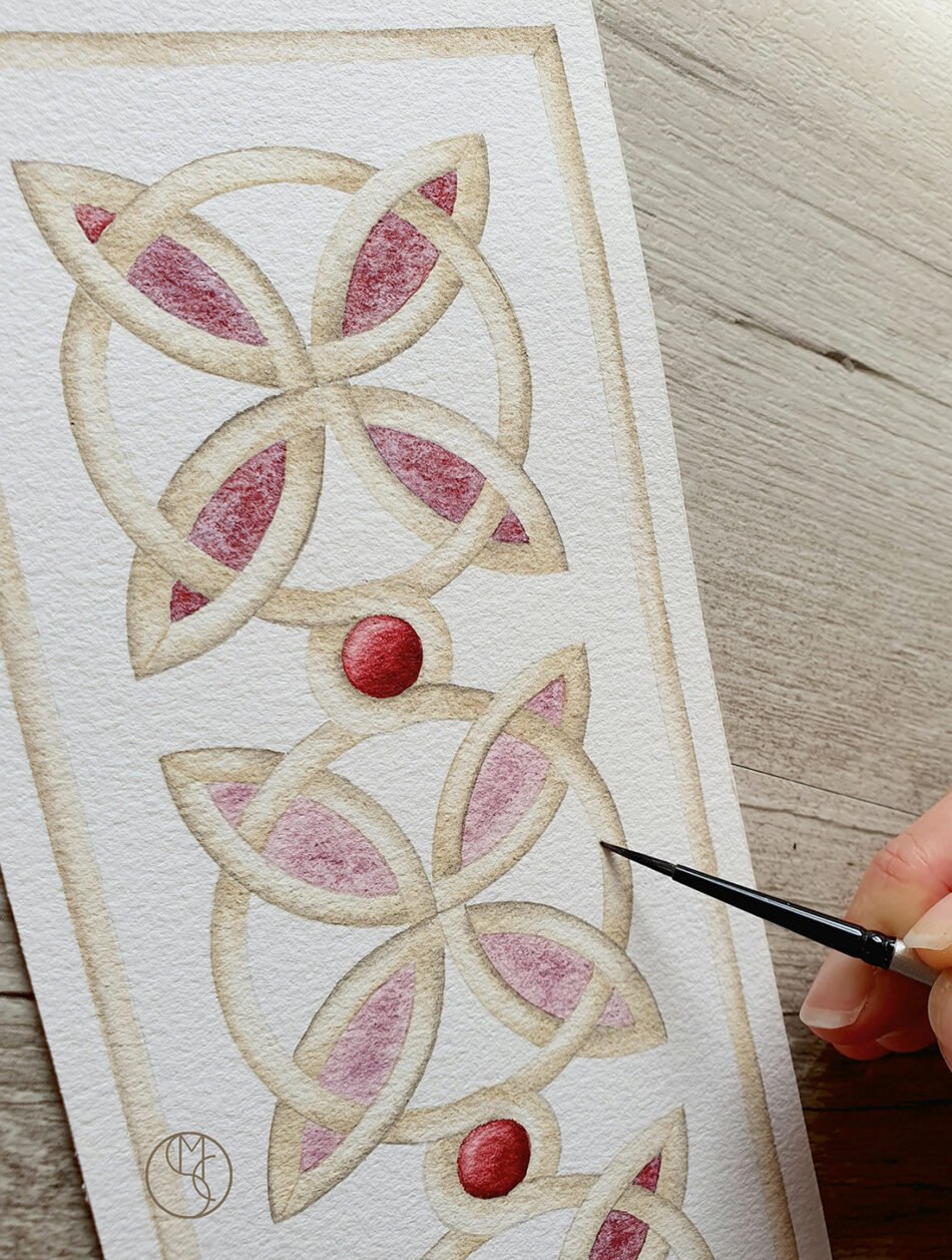 Détail d'une aquarelle originale motifs d'arabesques imitant la pierre sculptée et formes de pétales de fleurs roses