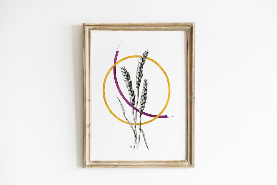Reproduction d'un dessin aquarelle et encre d'épis de blé et cercles ocre et mauve tirage d'art Fine art cadre bois