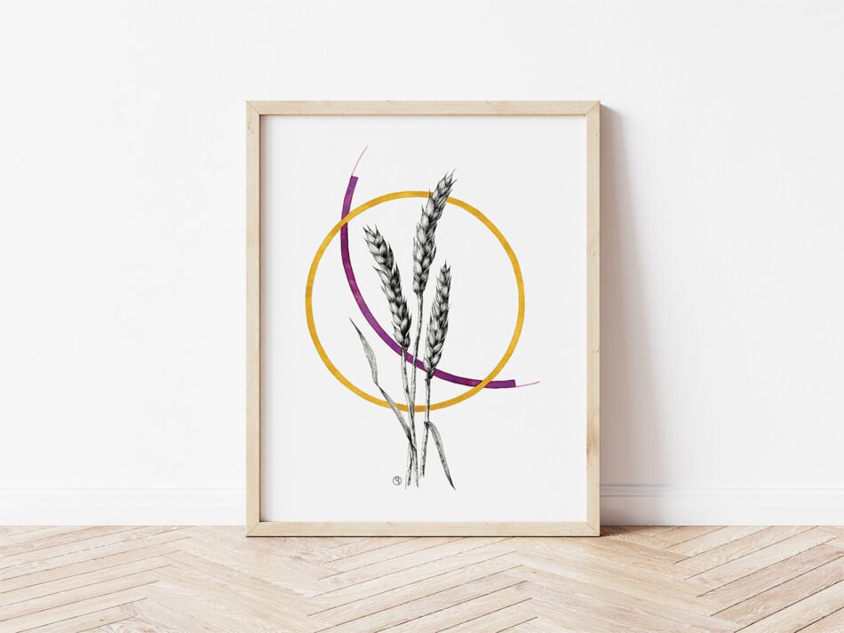 Reproduction d'un dessin aquarelle et encre d'épis de blé et cercles ocre et mauve tirage d'art Fine art cadre bois clair