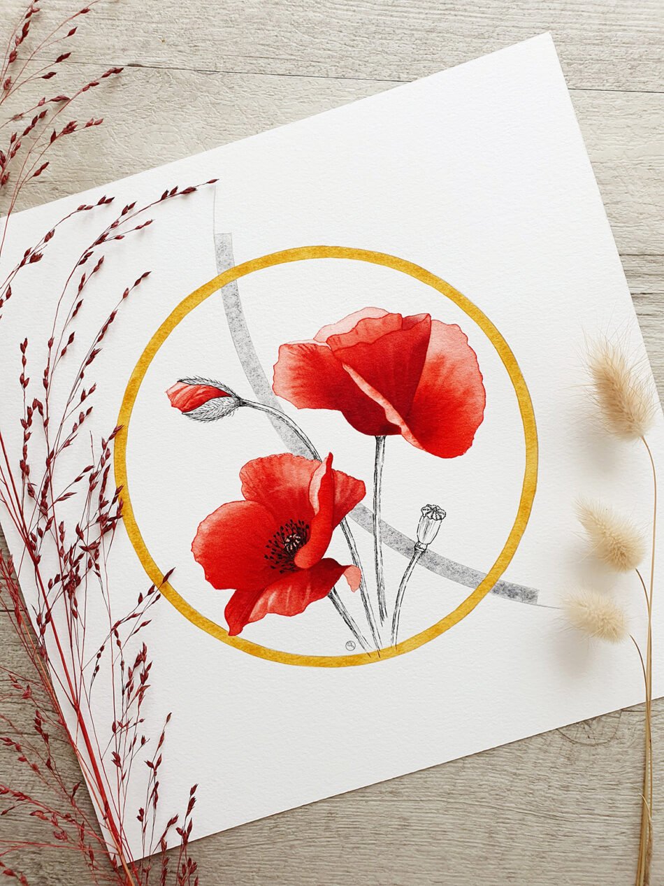 Vue en gros plan d'une aquarelle originale représentant des fleurs de coquelicot encerclées