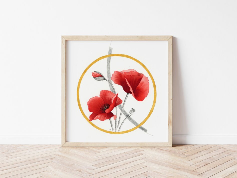 Aquarelle originale de fleurs de coquelicot et cercles cadre bois clair