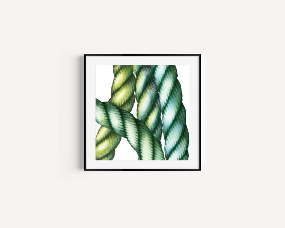 Reproduction d'un dessin aquarelle de cordages marins verts et bleus tirage d'art Fine art cadre noir