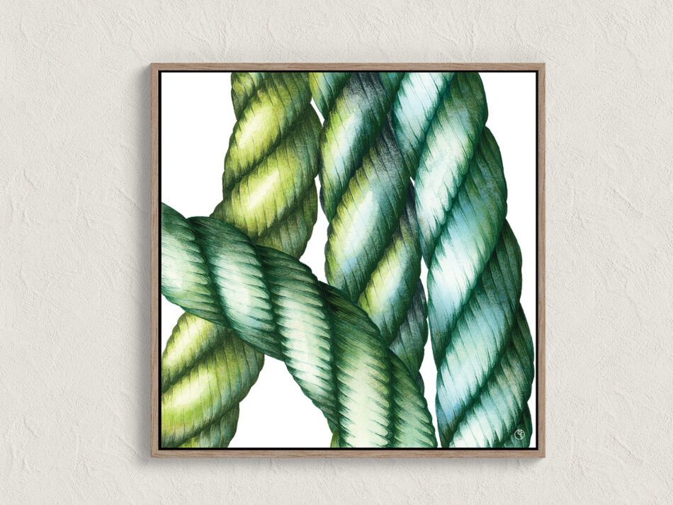 Reproduction d'un dessin aquarelle de cordages marins verts et bleus tirage d'art Fine art cadre bois foncé