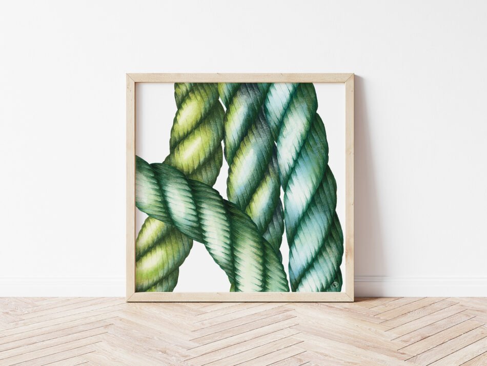 Reproduction d'un dessin aquarelle de cordages marins verts et bleus tirage d'art Fine art cadre bois clair