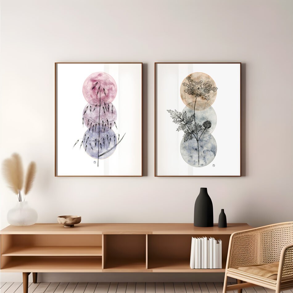 Tirage d'art illustration botanique aquarelle et encre duo d'herbes sauvages encadrées