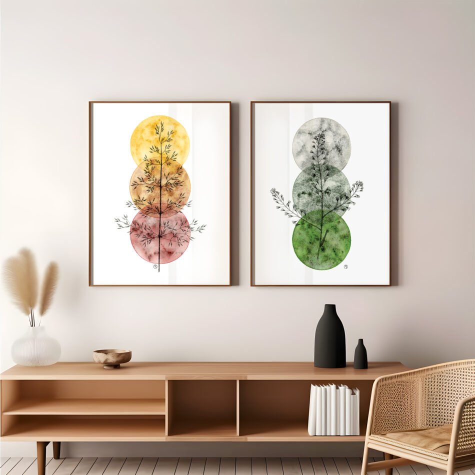Tirage d'art illustration botanique aquarelle et encre duo d'herbes sauvages encadrées