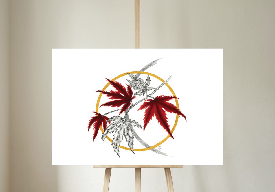 Reproduction d'un dessin aquarelle et encre de feuilles d'érable japonais goutte de rosée et cercles ocre et gris tirage d'art Fine art sur chevalet