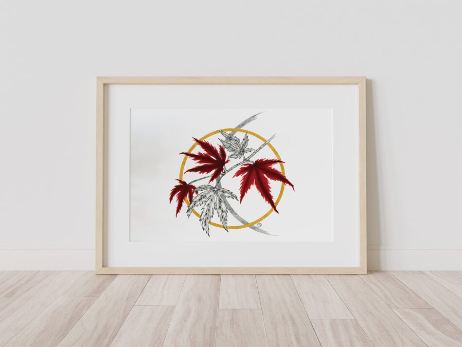 Aquarelle originale d'une branche d'érable japonais et cercles cadre bois clair
