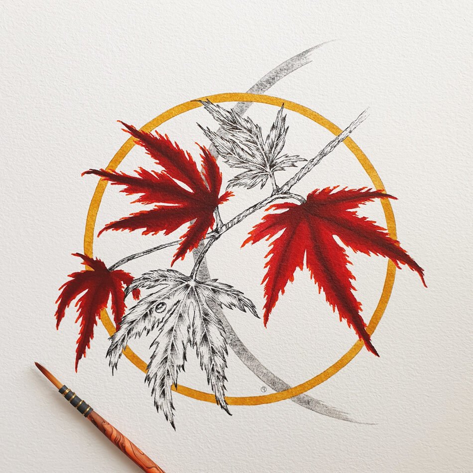 Vue en gros plan d'une aquarelle originale représentant une branche de feuilles d'érable japonais encerclée