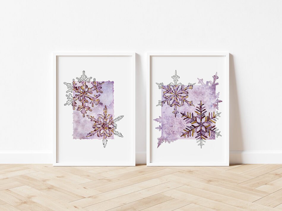 Duo cartes postales encadrées reproduction d'un dessin à l'aquarelle et encre noire de flocons de neige sur fond mauve