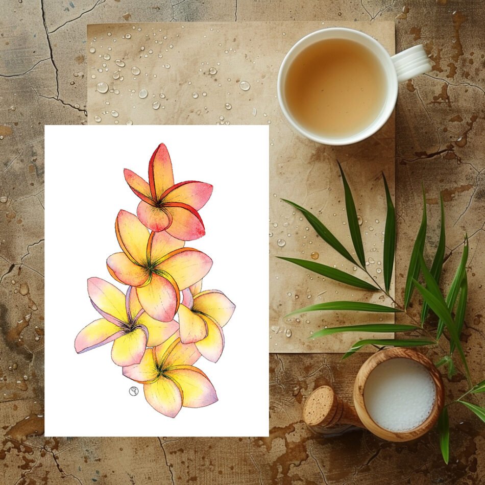 Reproduction d'une illustration d'une aquarelle de fleurs exotiques de frangipanier Plumeria rubra jaune orange rose format carte postale à envoyer ou à encadrer