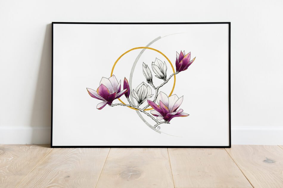 Reproduction d'un dessin aquarelle et encre d'une grande branche de magnolia et cercles ocre et gris tirage d'art Fine art cadre noir