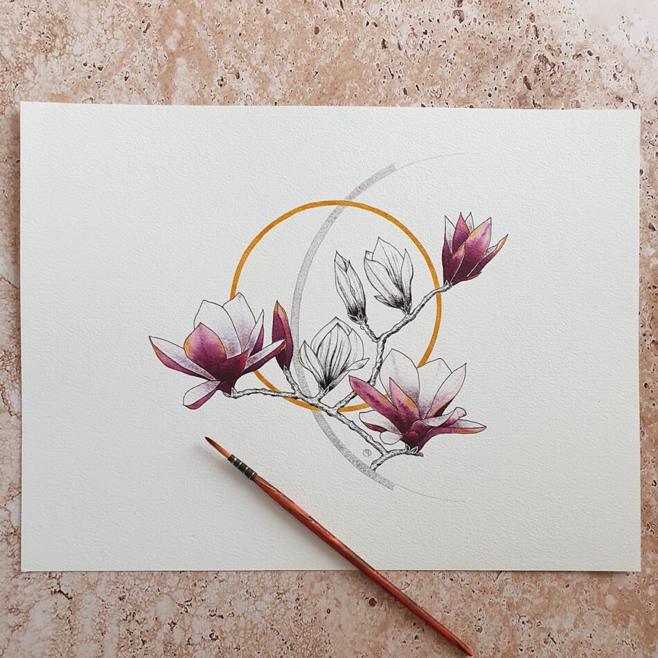 Œuvre originale représentant une branche de fleurs de magnolia à l'aquarelle et encre, et cercles ocre et gris