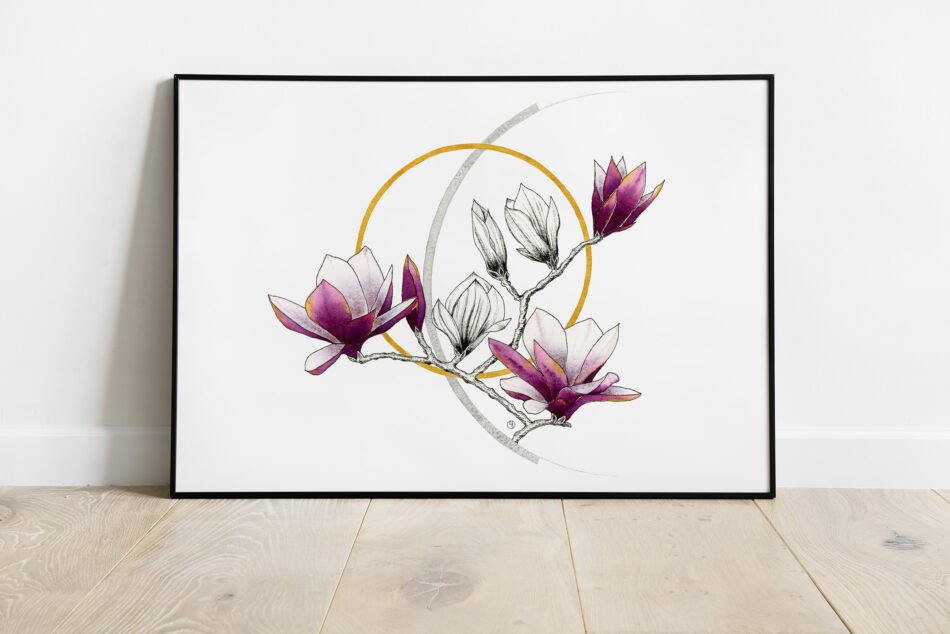 Aquarelle originale d'une branche de fleurs de magnolia et cercles cadre noir