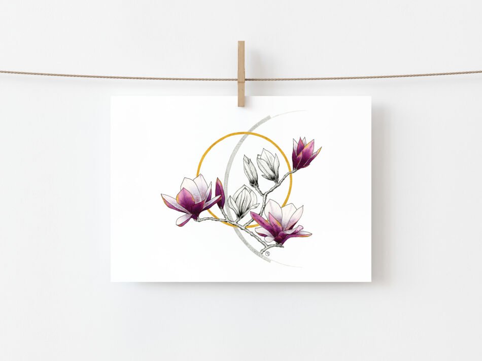 Reproduction d'un dessin aquarelle et encre d'une grande branche de magnolia et cercles ocre et gris tirage d'art Fine art
