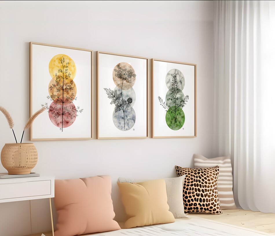 Tirage d'art illustration botanique aquarelle et encre trio d'herbes sauvages encadrées