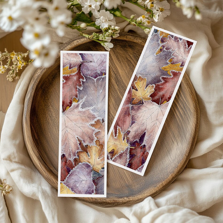 Duos de marque-pages petit format bords blancs pour livre de poche illustration botanique à l'aquarelle d'un feuillage d'automne et givre