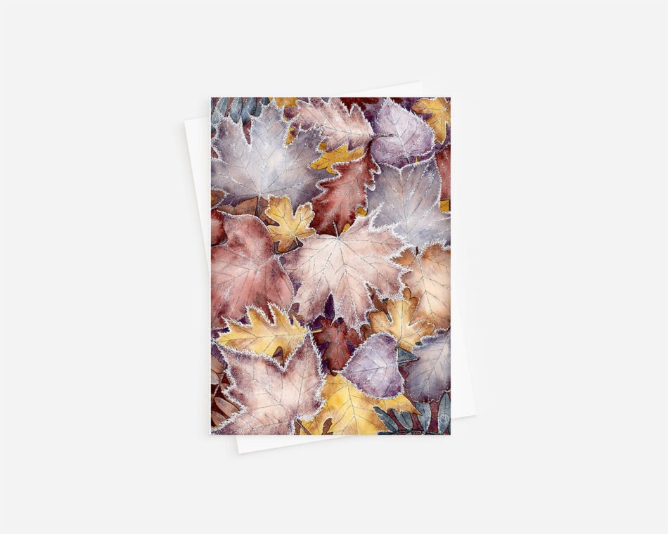 Reproduction d'une illustration à l'aquarelle de feuillage d'automne givré couleurs de feuilles mortes format carte postale à envoyer ou à encadrer