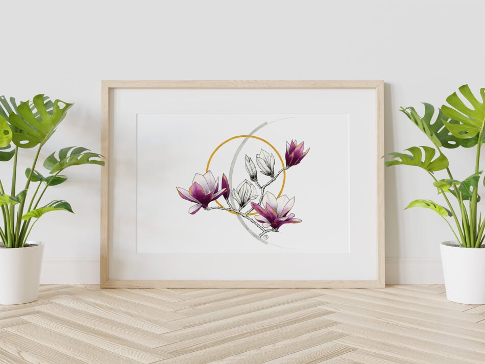 Reproduction d'un dessin aquarelle et encre d'une grande branche de magnolia et cercles ocre et gris tirage d'art Fine art cadre bois clair