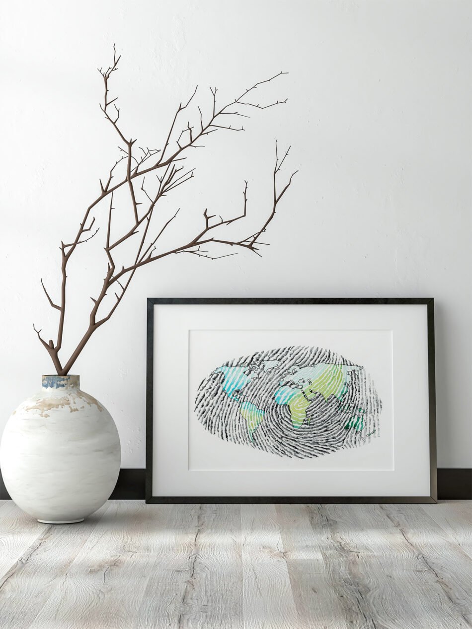 Aquarelle originale de l'empreinte laissée par l'Homme sur la planète Terre