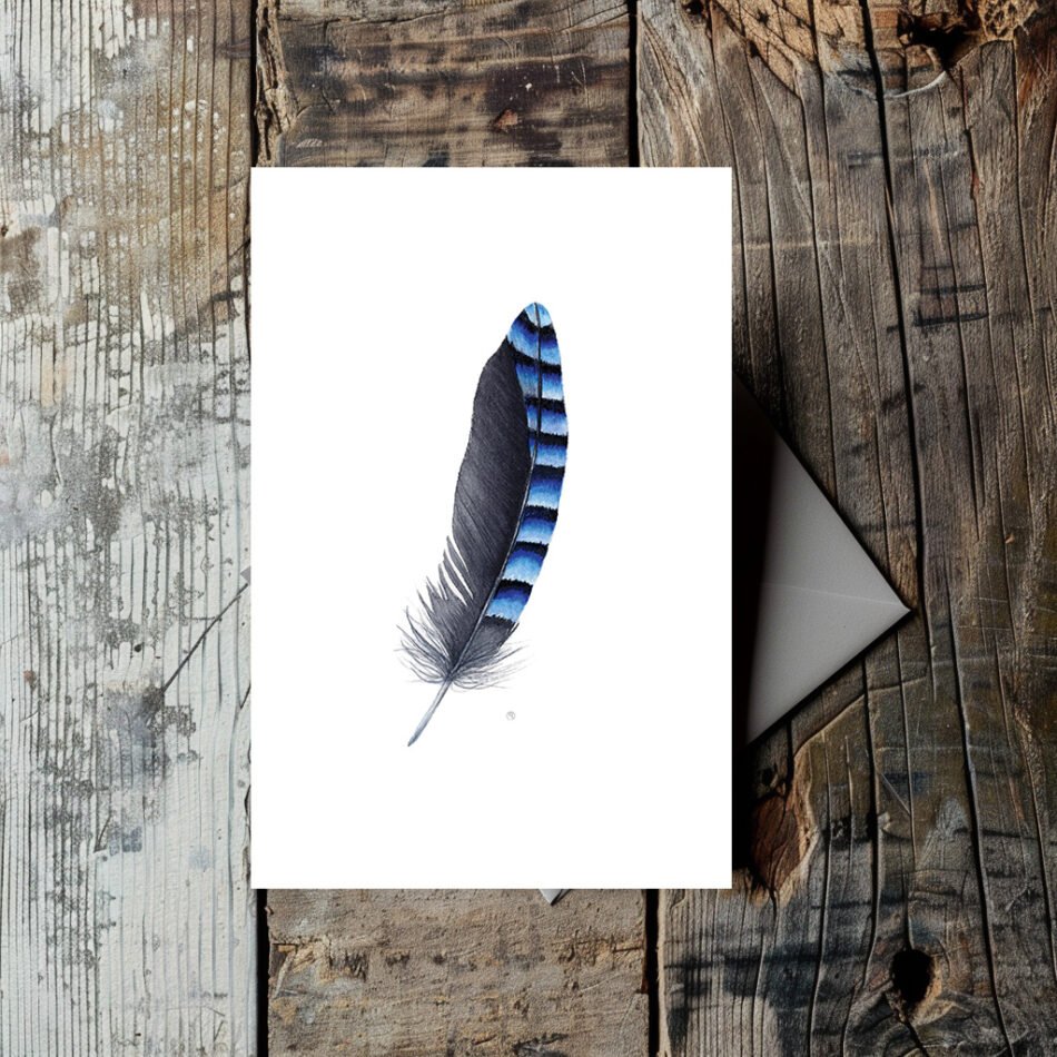 Illustration reproduction d'une aquarelle représentant une plume de geai format carte postale posée sur un parquet en bois