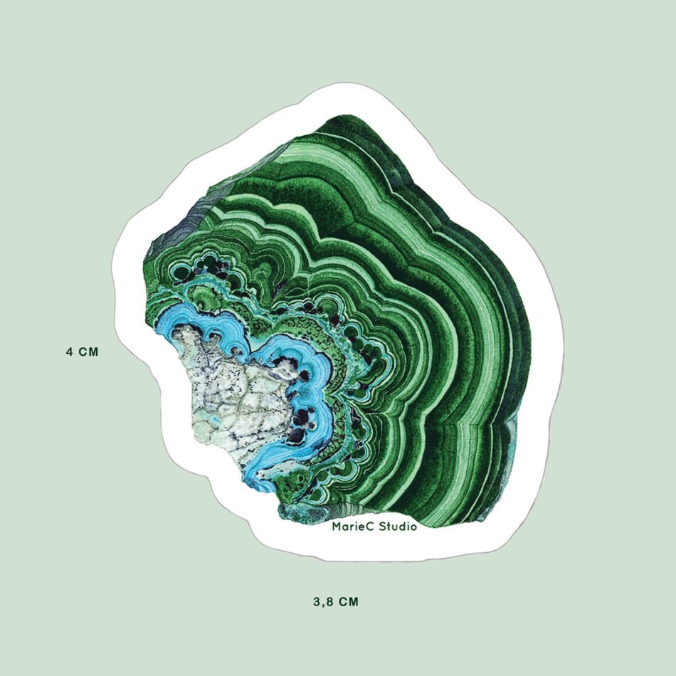 Sticker autocollant dessin de minéral de collection malachite chrysocolle, réalisé à partir d'une peinture aquarelle originale de taille 4 cm