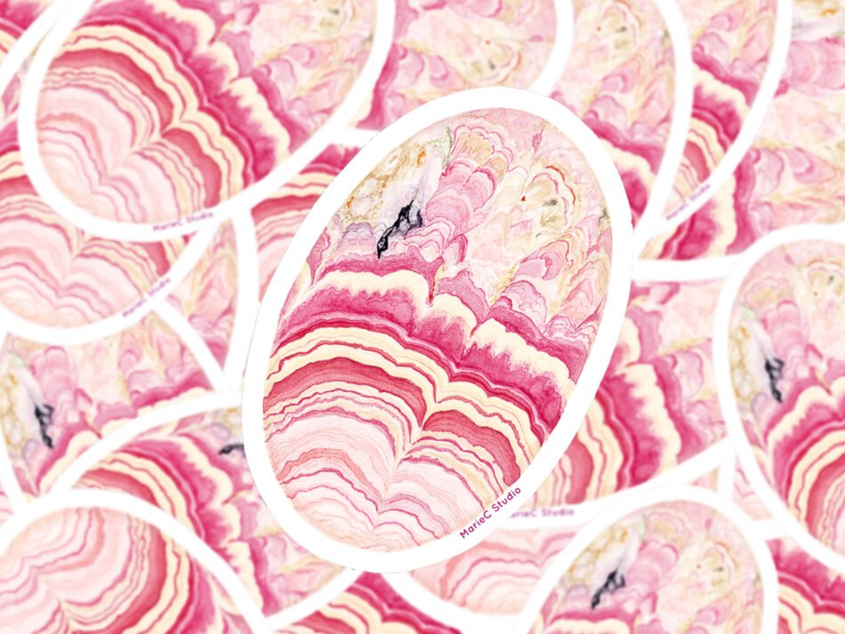 Sticker en vinyle représentant un cabochon de rhodochrosite, découpé à la forme à partir d'une peinture faite à l'aquarelle