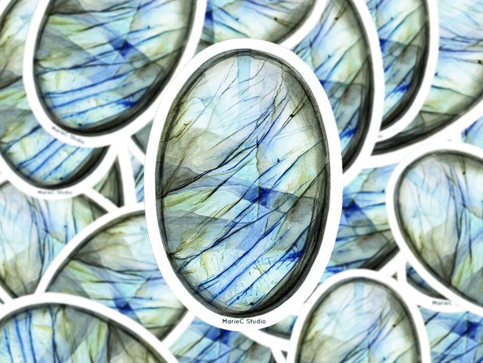 Sticker en vinyle représentant un cabochon de labradorite bleue, découpé à la forme à partir d'une peinture faite à l'aquarelle