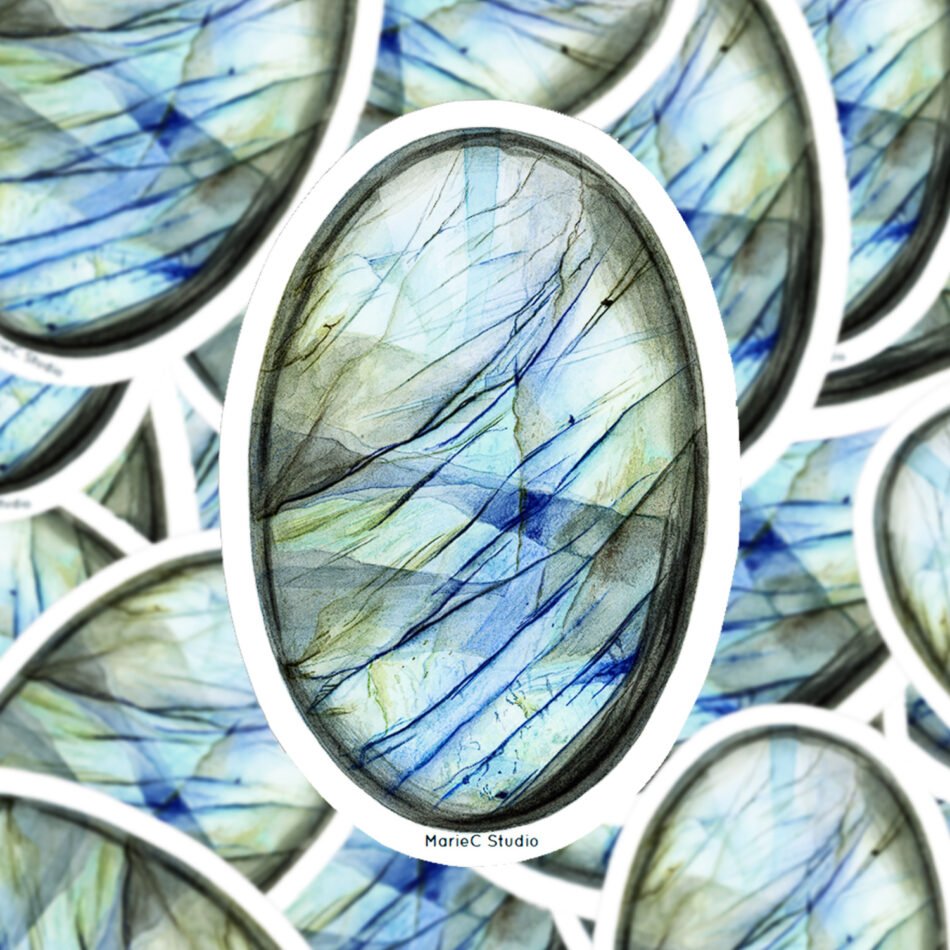 Sticker en vinyle représentant un cabochon de labradorite bleue, découpé à la forme à partir d'une peinture faite à l'aquarelle