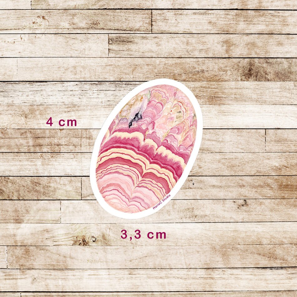 Sticker en vinyle de 4 x 3,3 cm, imprimé à partir d'un dessin à l'aquarelle représentant un cabochon de rhodochrosite
