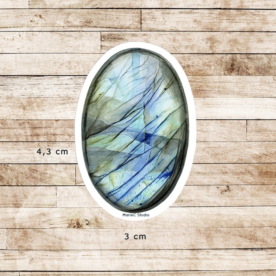 Sticker en vinyle de 4,3 x 3 cm, imprimé à partir d'un dessin à l'aquarelle représentant un cabochon de labradorite bleue