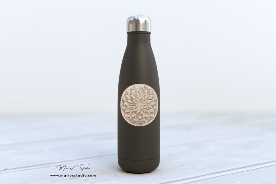 Sticker collé sur une gourde en métal, imprimé à partir d'un motif géométrique représentant des rosaces blanches et marron foncé avec un jeu d'ombre et de lumière