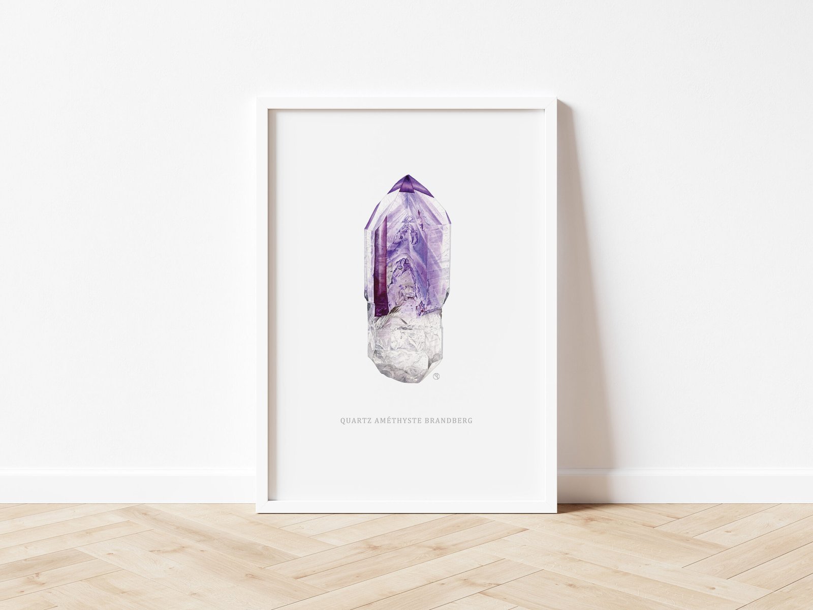 Quartz Améthyste Brandberg 4 Tirage d'art Fine art reproduction d’une aquarelle originale d'un quartz améthyste Brandberg dans un cadre blanc