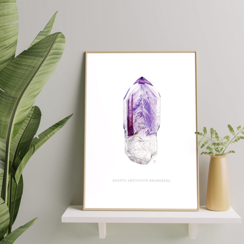 Tirage d'art Fine art reproduction d’une aquarelle originale d'un quartz améthyste Brandberg dans un cadre bois