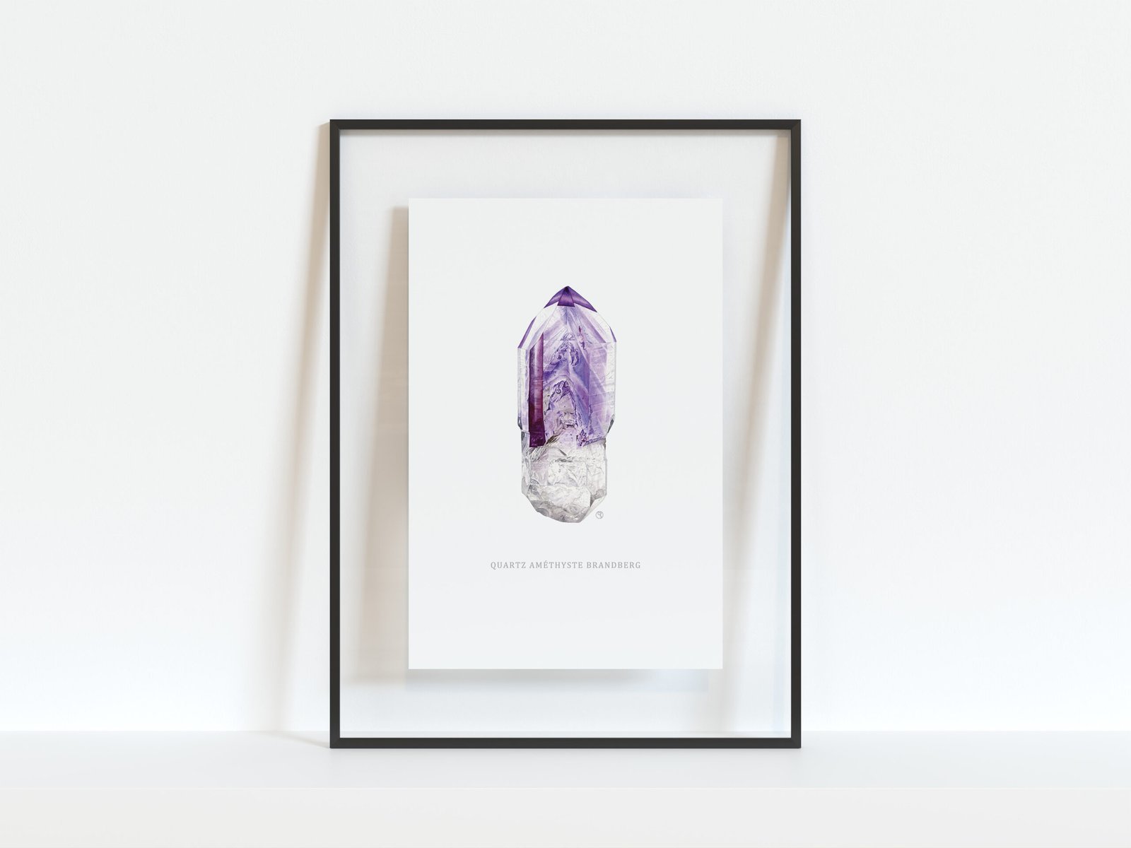 Quartz Améthyste Brandberg 2 Tirage d'art Fine art reproduction d’une aquarelle originale d'un quartz améthyste Brandberg dans un cadre noir