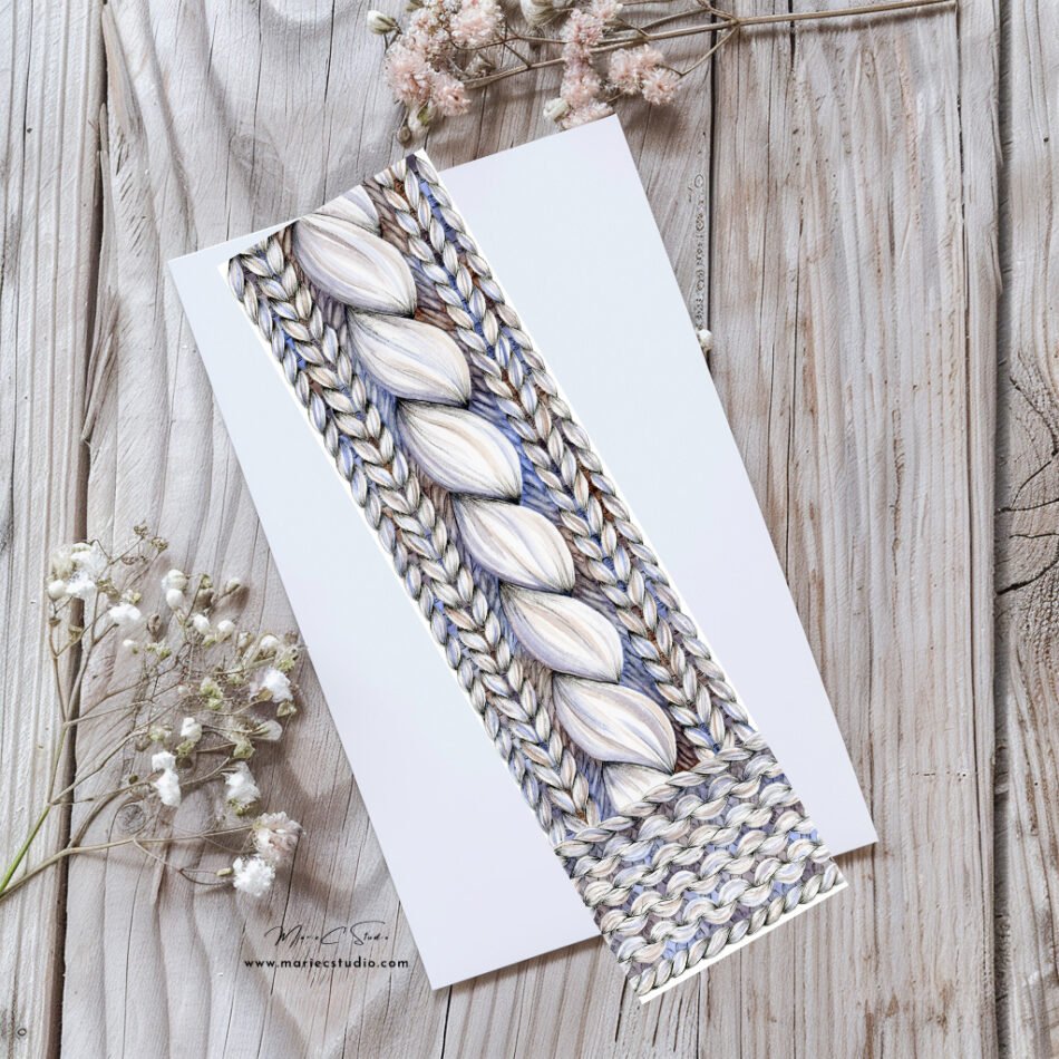 Marque-page décoré de points de tricot dessinés à l'aquarelle et à l'encre