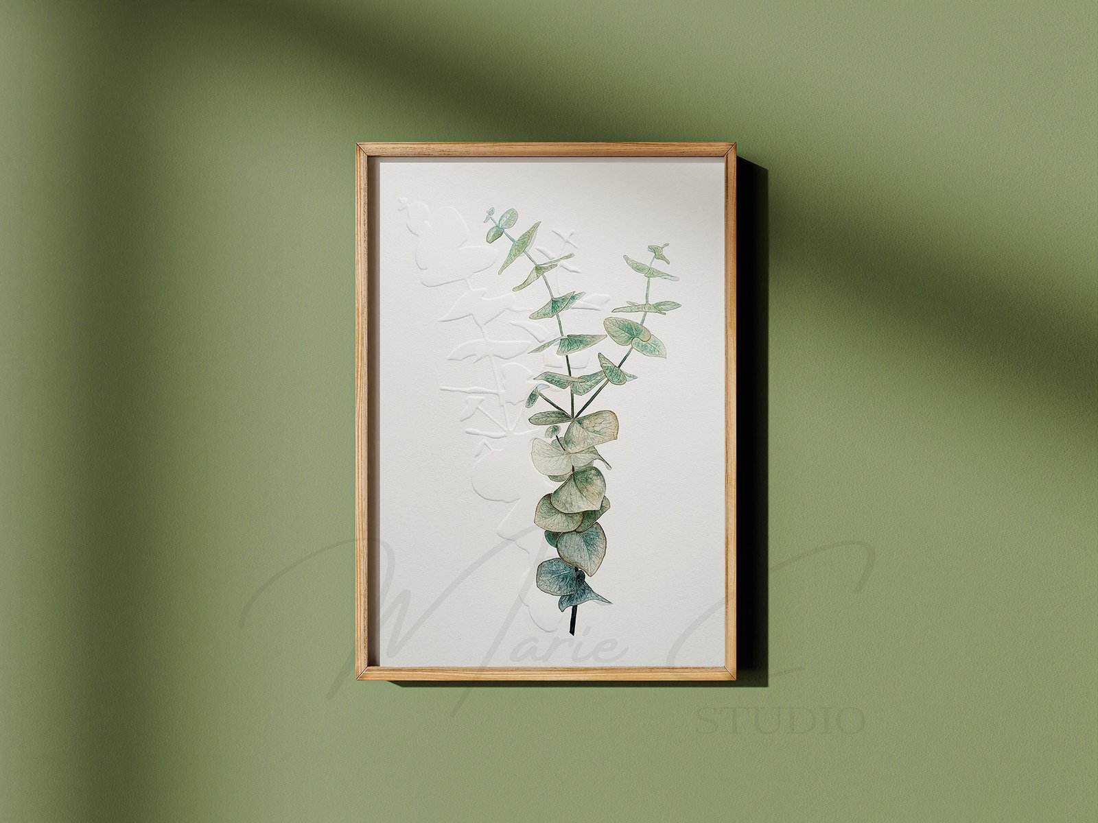 Branche d'eucalyptus et ombre portée 3 Branche d'eucalyptus peinte à l'aquarelle et ombre portée sur papier embossé, encadrée sur mur vert