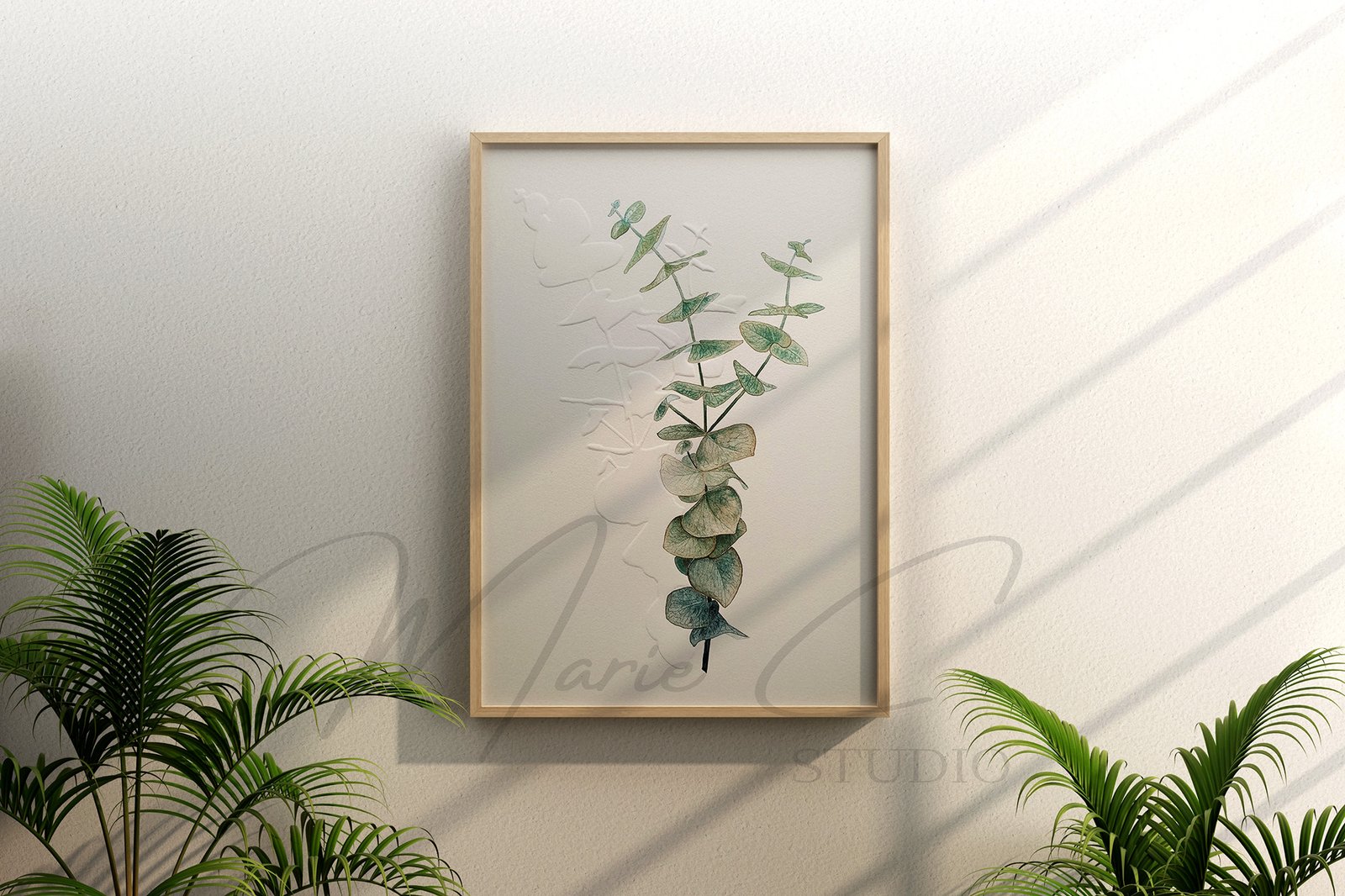 Branche d'eucalyptus et ombre portée 4 Branche d'eucalyptus peinte à l'aquarelle et ombre portée sur papier embossé, encadrée sur mur beige dans une véranda