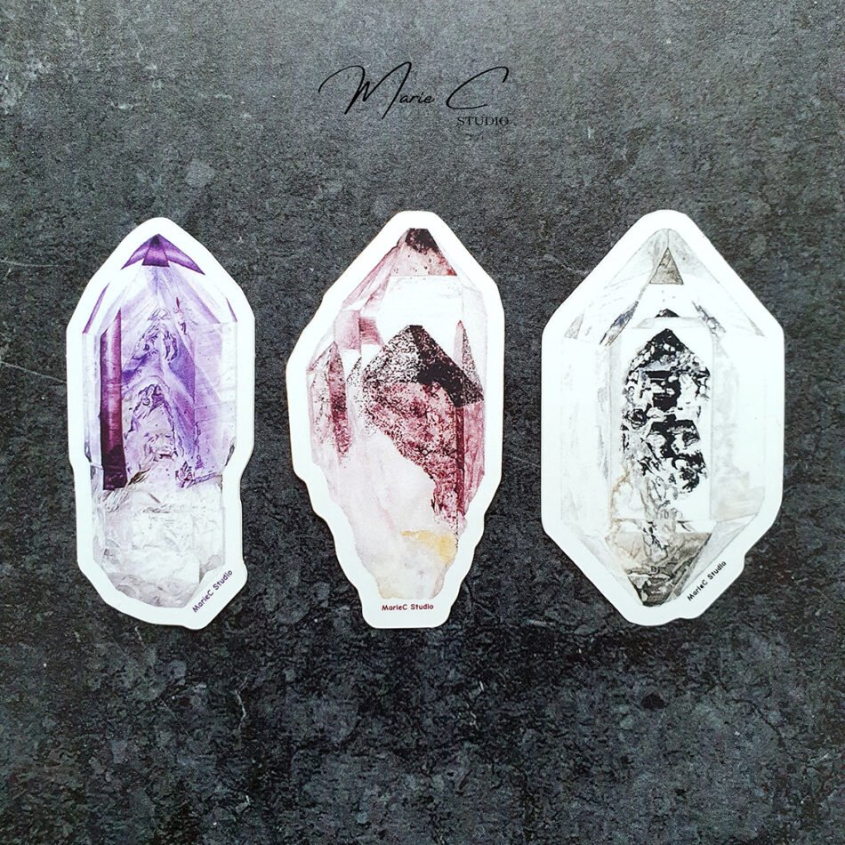 Pack de 3 stickers autocollants de quartz fantôme améthyste, hématite et diamant herkimer, pour les collectionneurs de minéraux