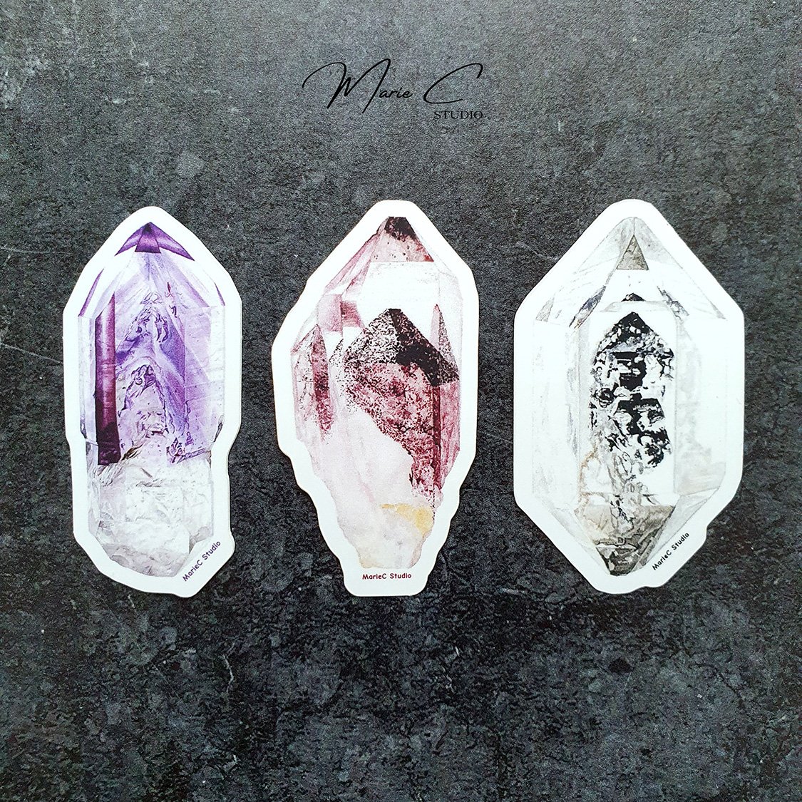 Pack stickers quartz fantôme 1 Pack de 3 stickers autocollants de quartz fantôme améthyste, hématite et diamant herkimer, pour les collectionneurs de minéraux